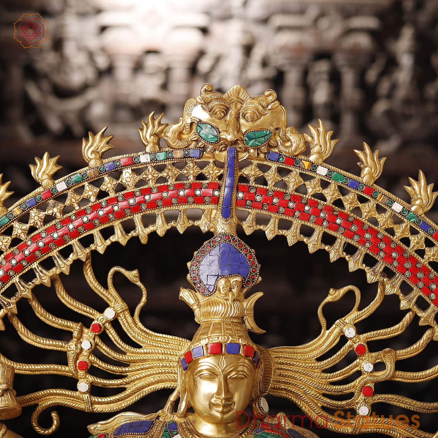 Brass Natraj Statue, Artistic Masterpiece, Fine Golden Finish with Stone Inlay 37"