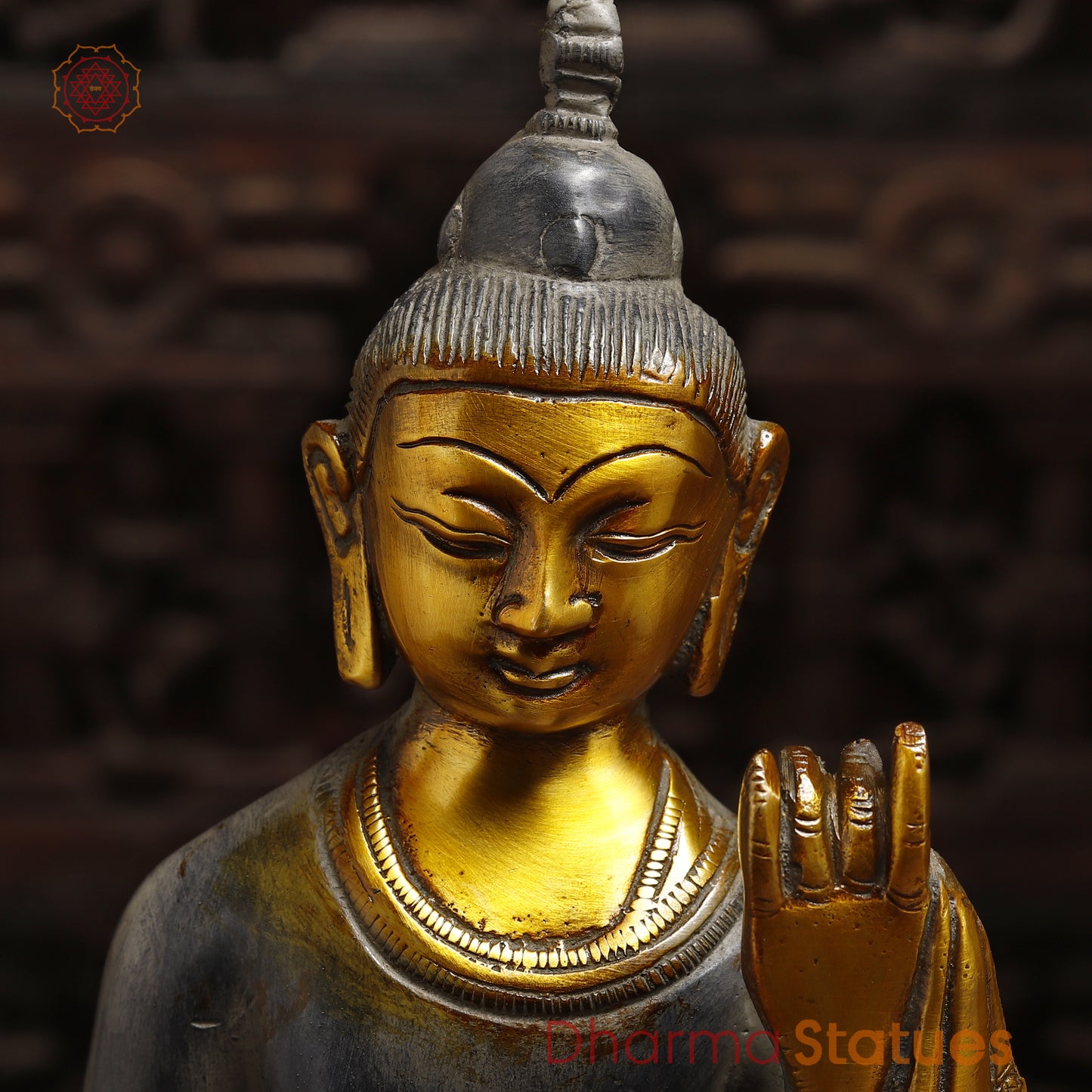 Brass Standing Thai Buddha, Grey & Golden Finish, 14"