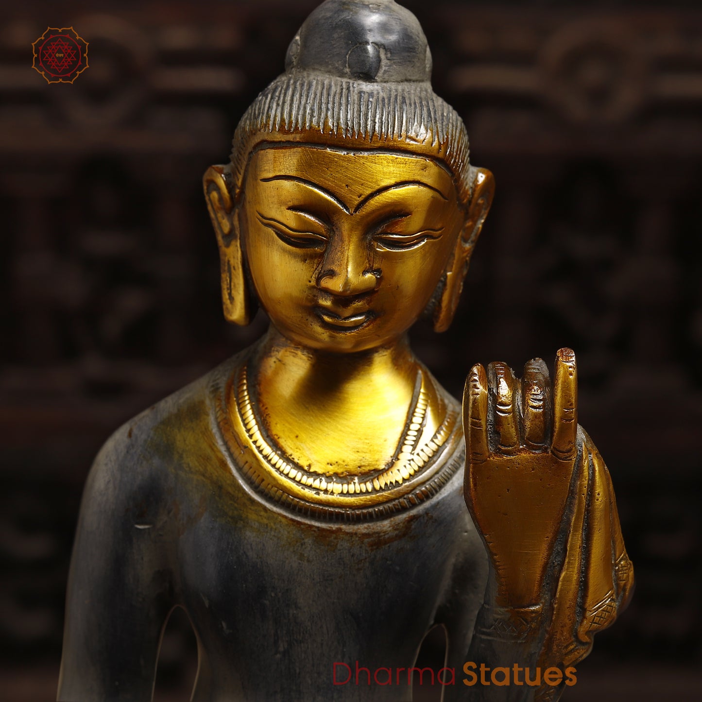 Brass Standing Thai Buddha, Grey & Golden Finish, 14"
