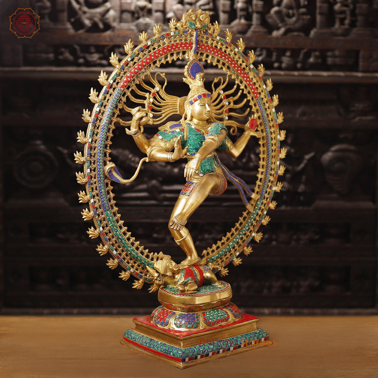 Brass Natraj Statue, Artistic Masterpiece, Fine Golden Finish with Stone Inlay 37"