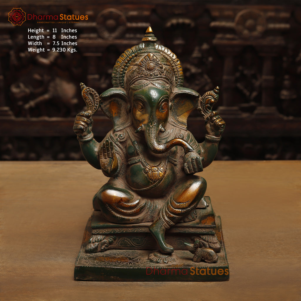 Brass Ganesh in Blessing Posture, Rustic Green Finish with Golden Accent, 11"