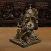 Brass Ganesh in Blessing Posture, Rustic Green Finish with Golden Accent, 11"