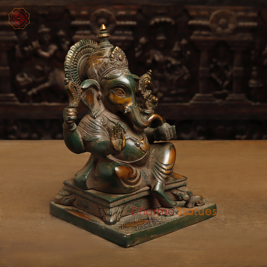 Brass Ganesh in Blessing Posture, Rustic Green Finish with Golden Accent, 11"