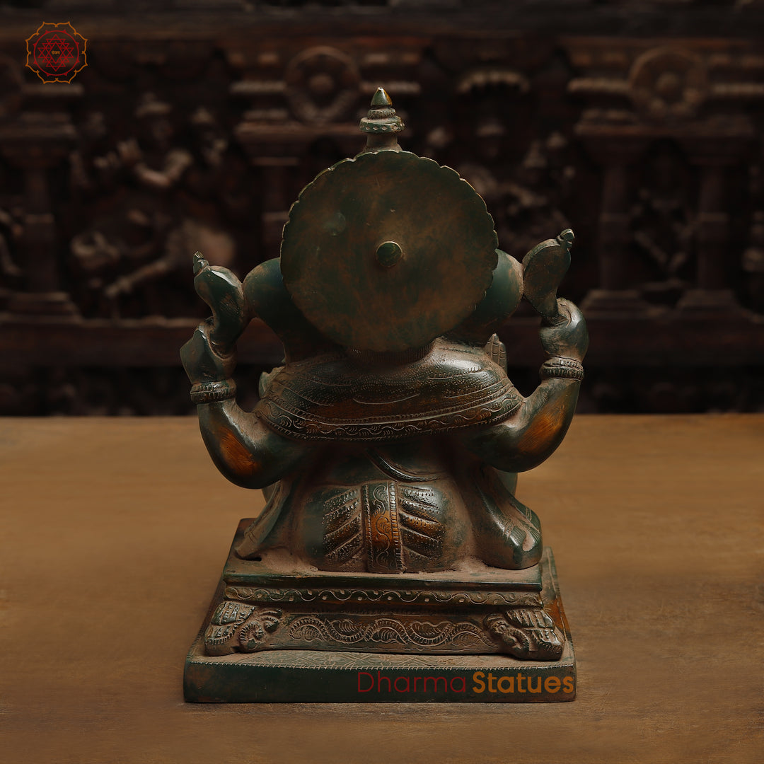 Brass Ganesh in Blessing Posture, Rustic Green Finish with Golden Accent, 11"