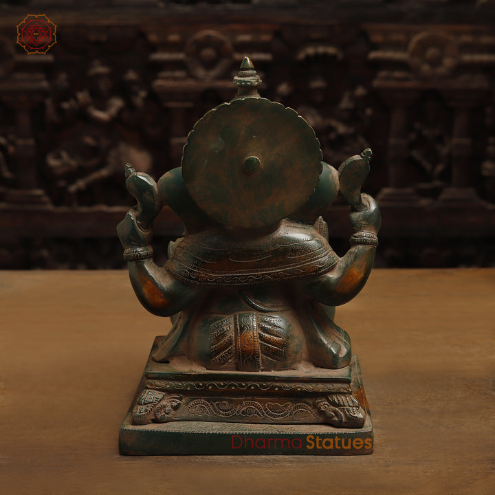 Brass Ganesh in Blessing Posture, Rustic Green Finish with Golden Accent, 11"