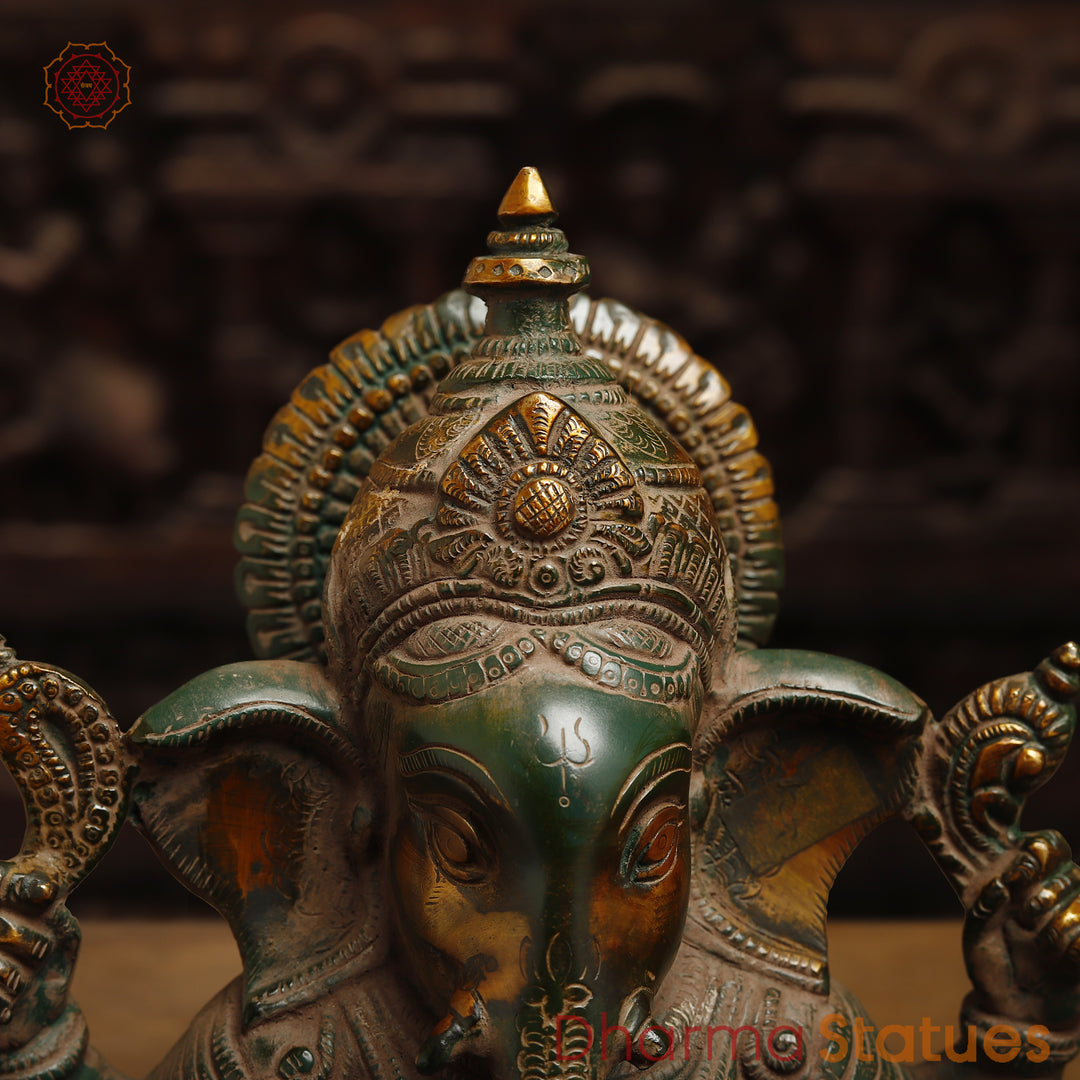 Brass Ganesh in Blessing Posture, Rustic Green Finish with Golden Accent, 11"