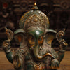 Brass Ganesh in Blessing Posture, Rustic Green Finish with Golden Accent, 11"