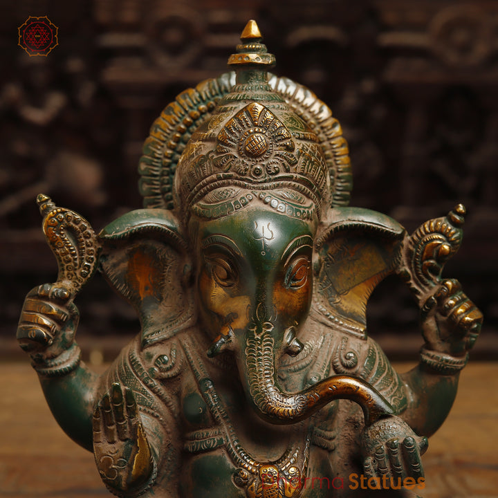 Brass Ganesh in Blessing Posture, Rustic Green Finish with Golden Accent, 11"