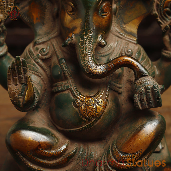 Brass Ganesh in Blessing Posture, Rustic Green Finish with Golden Accent, 11"