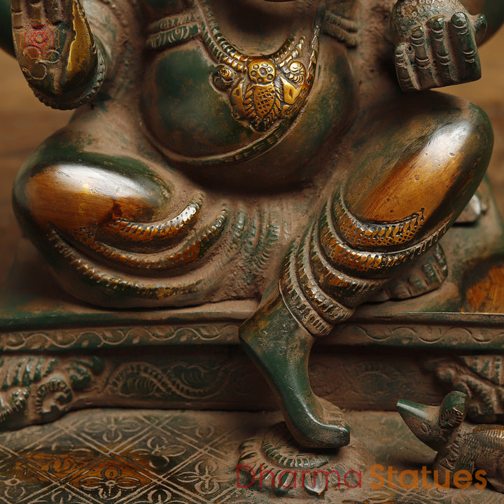 Brass Ganesh in Blessing Posture, Rustic Green Finish with Golden Accent, 11"