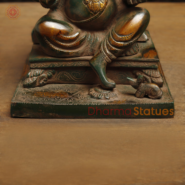 Brass Ganesh in Blessing Posture, Rustic Green Finish with Golden Accent, 11"