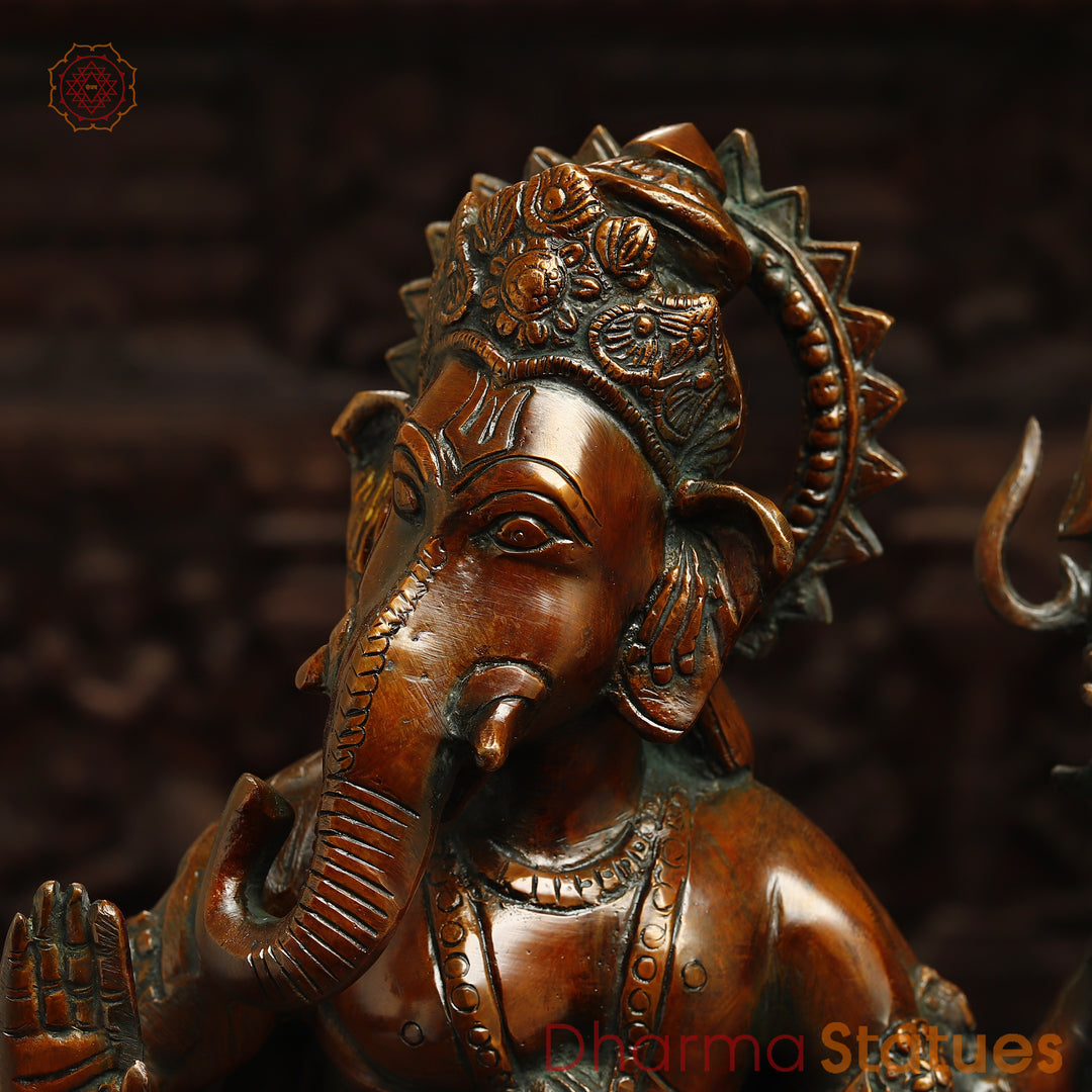 Brass Ganesh Standing on Pedestal, Copper Finish, 19"