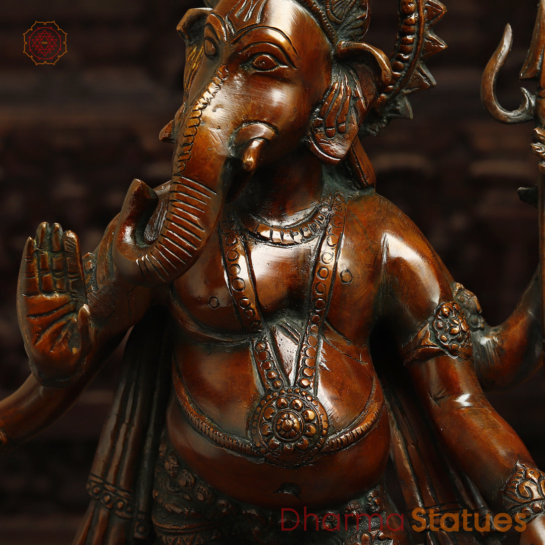 Brass Ganesh Standing on Pedestal, Copper Finish, 19"