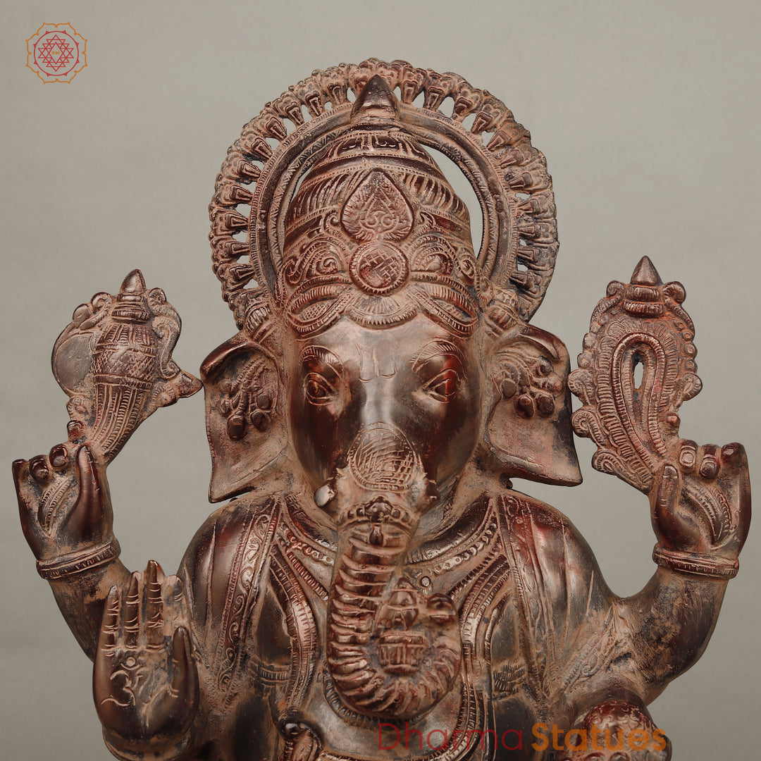 Brass Ganesh seated in Blessing Posture, Rustic Copper Finish 22.5"