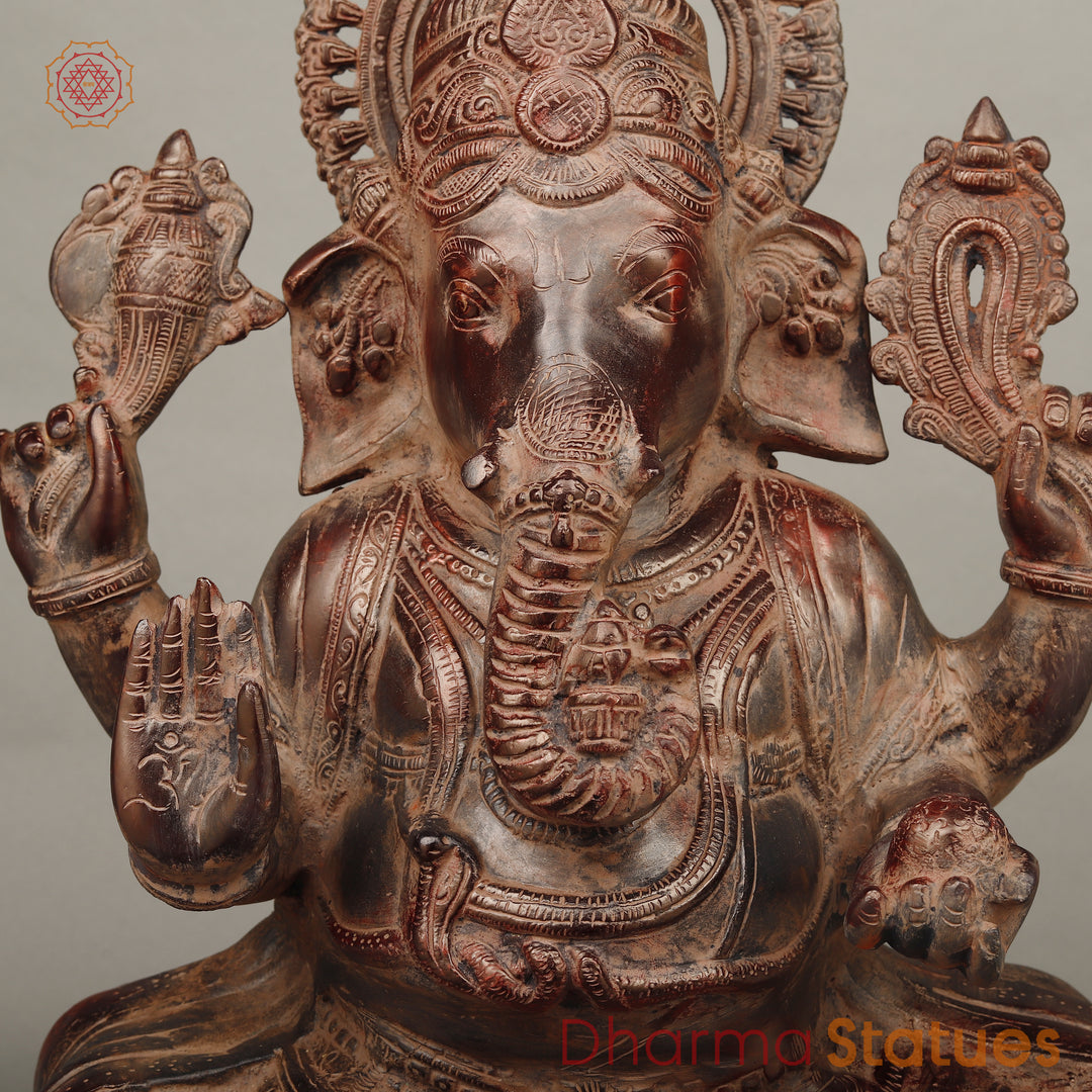 Brass Ganesh seated in Blessing Posture, Rustic Copper Finish 22.5"