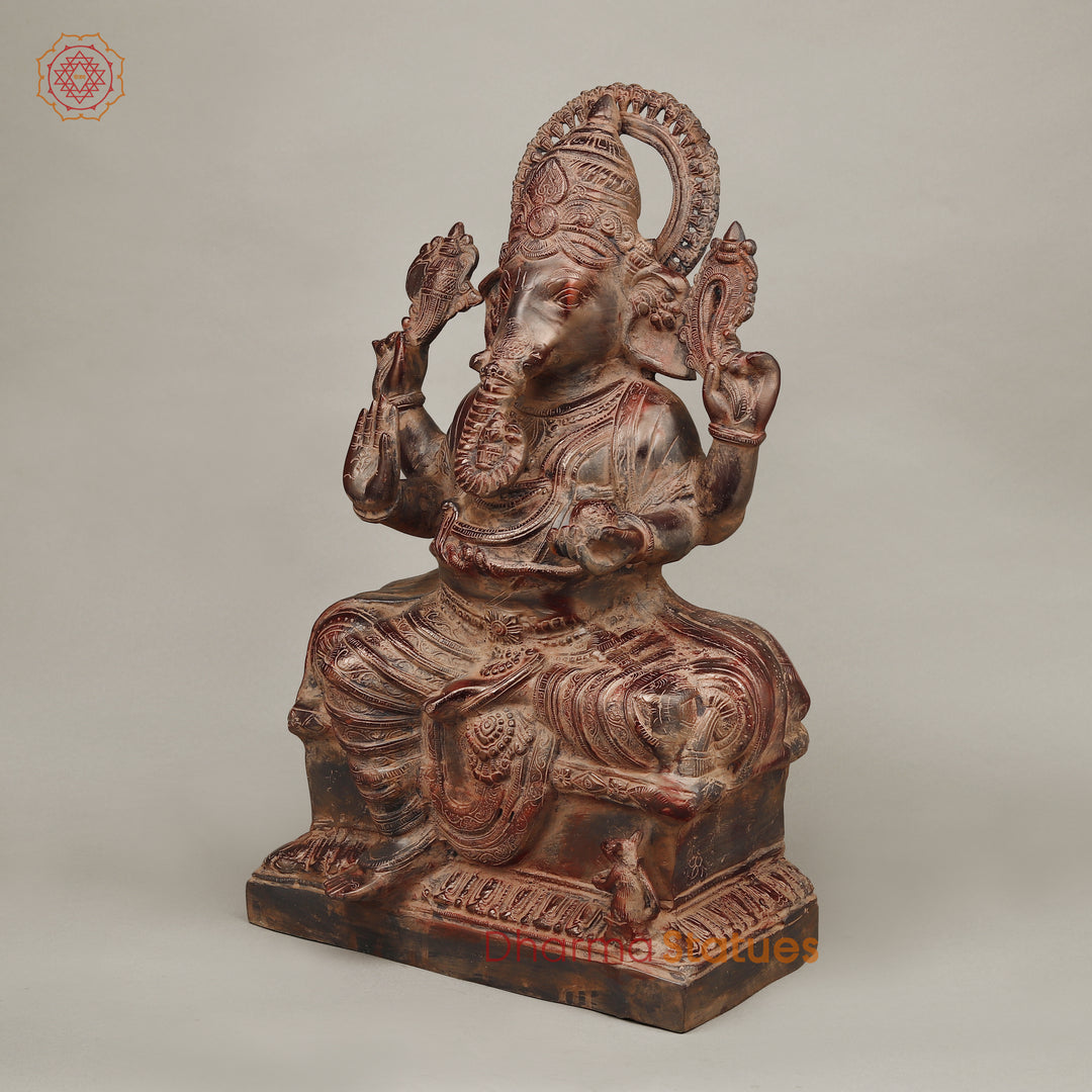 Brass Ganesh seated in Blessing Posture, Rustic Copper Finish 22.5"