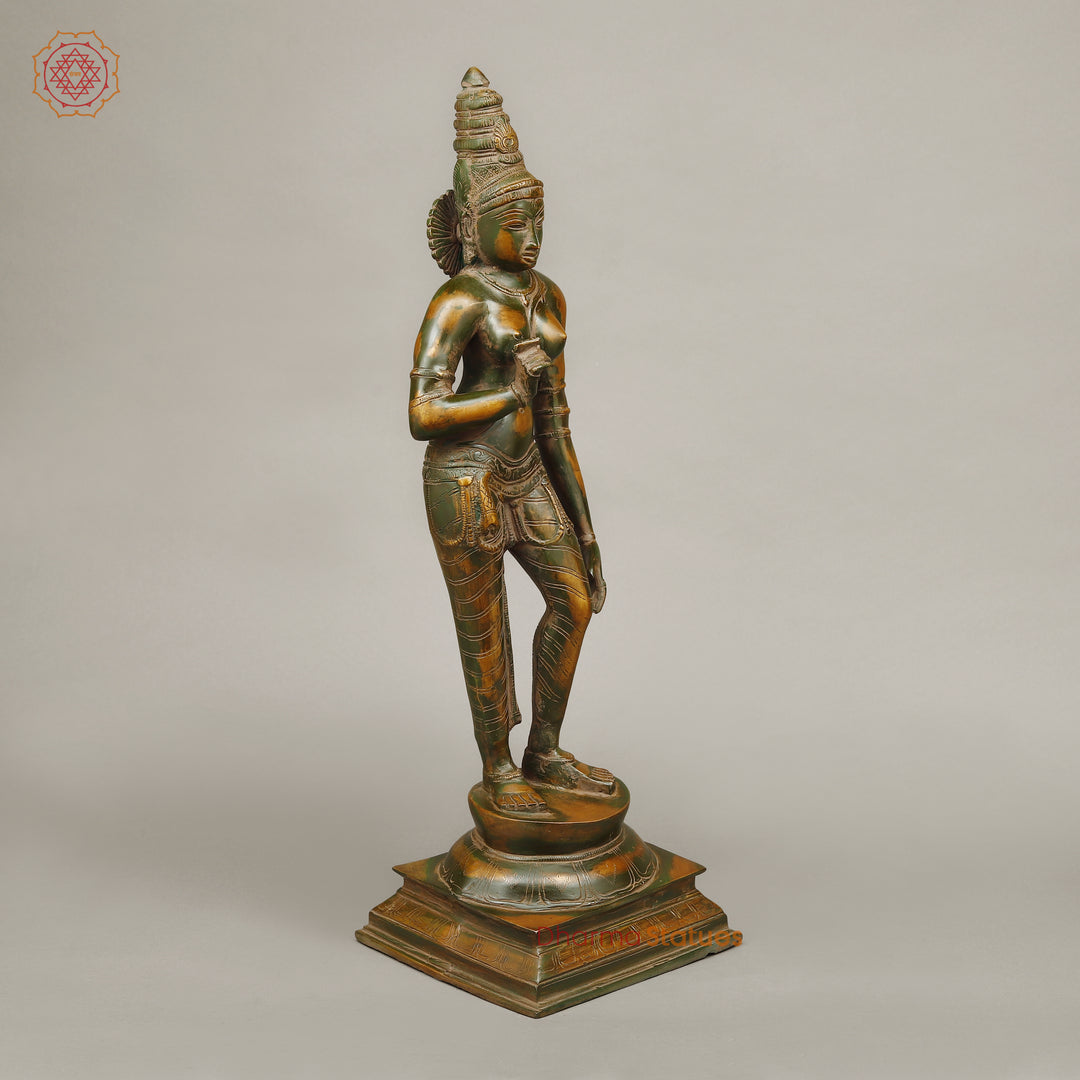 Brass Goddess Parvati, Green Chola Finish 23"