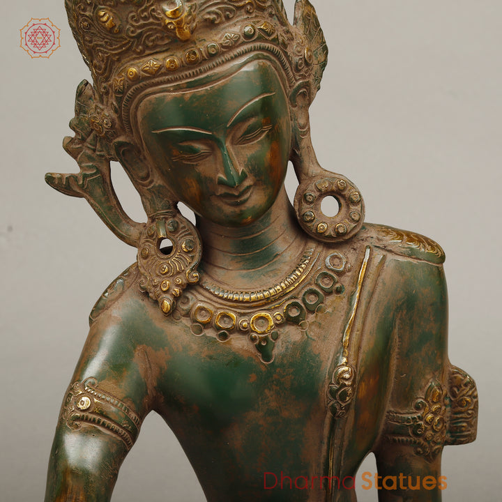 Brass Lord Indra Statue, Green Patina with Golden Hues, 14"