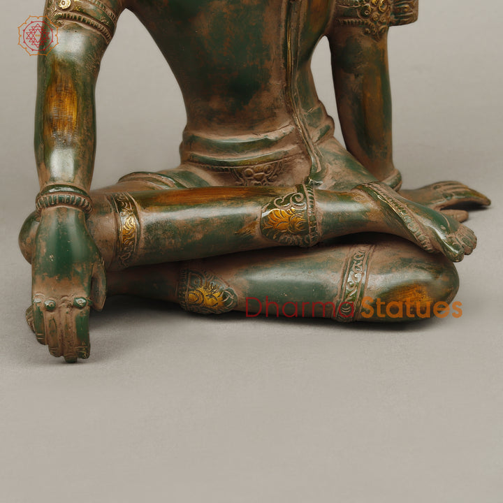 Brass Lord Indra Statue, Green Patina with Golden Hues, 14"