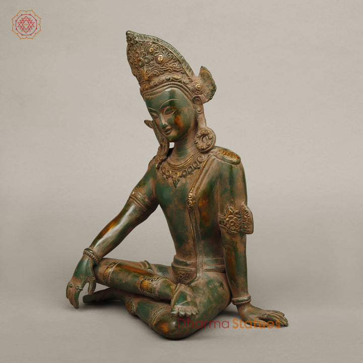 Brass Lord Indra Statue, Green Patina with Golden Hues, 14"