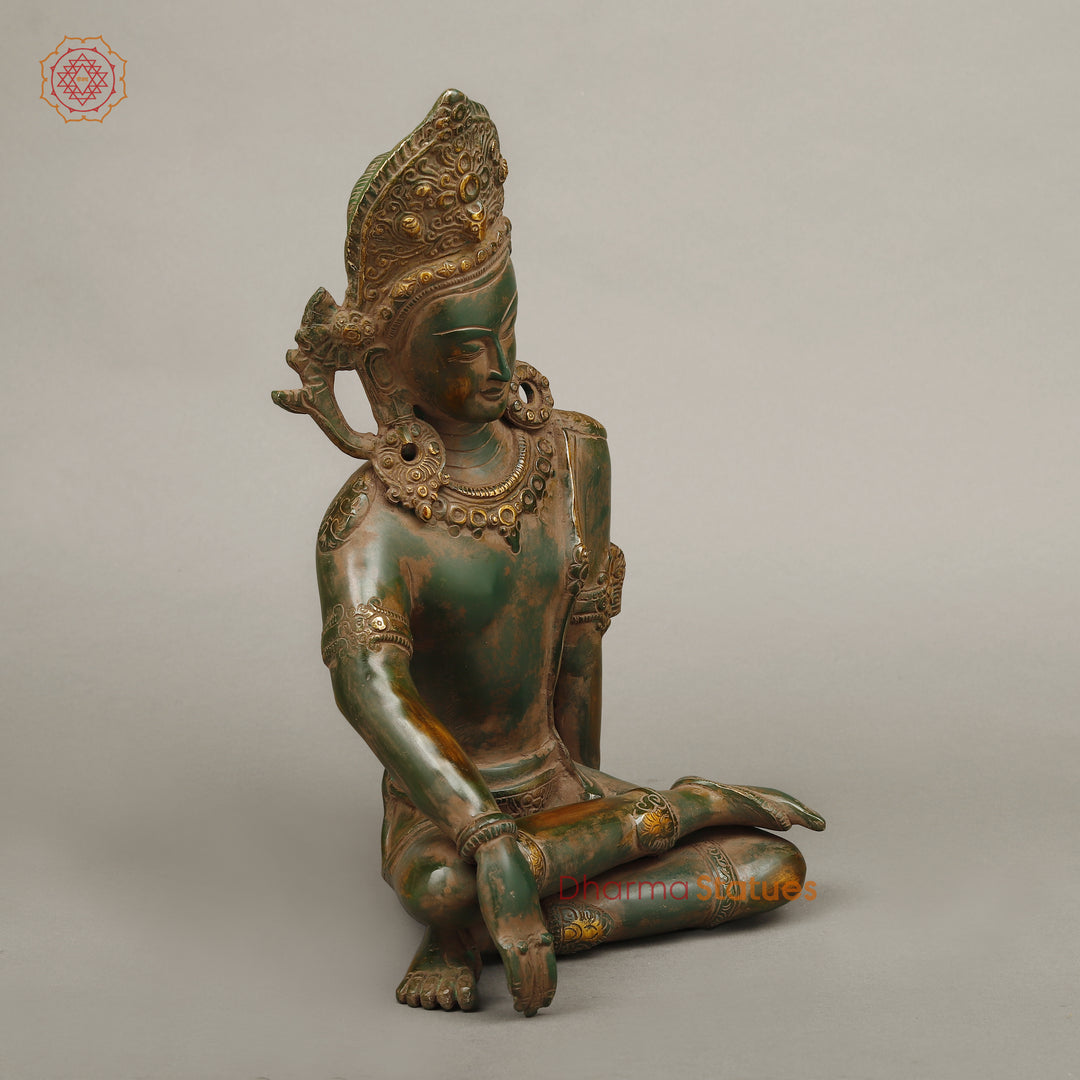 Brass Lord Indra Statue, Green Patina with Golden Hues, 14"