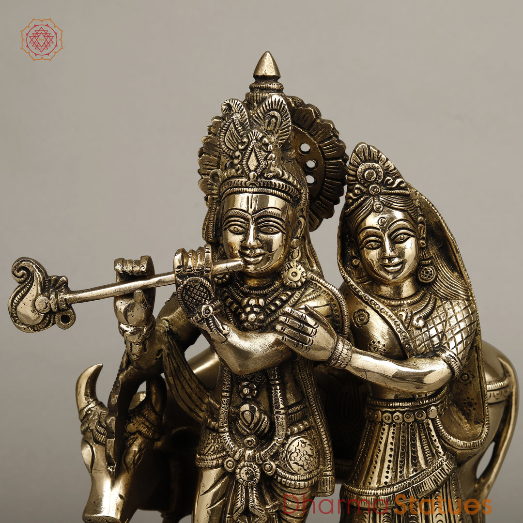 Brass Radha Krishna Playing Flute with Cow, Golden Finish, 12"