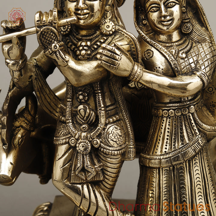 Brass Radha Krishna Playing Flute with Cow, Golden Finish, 12"