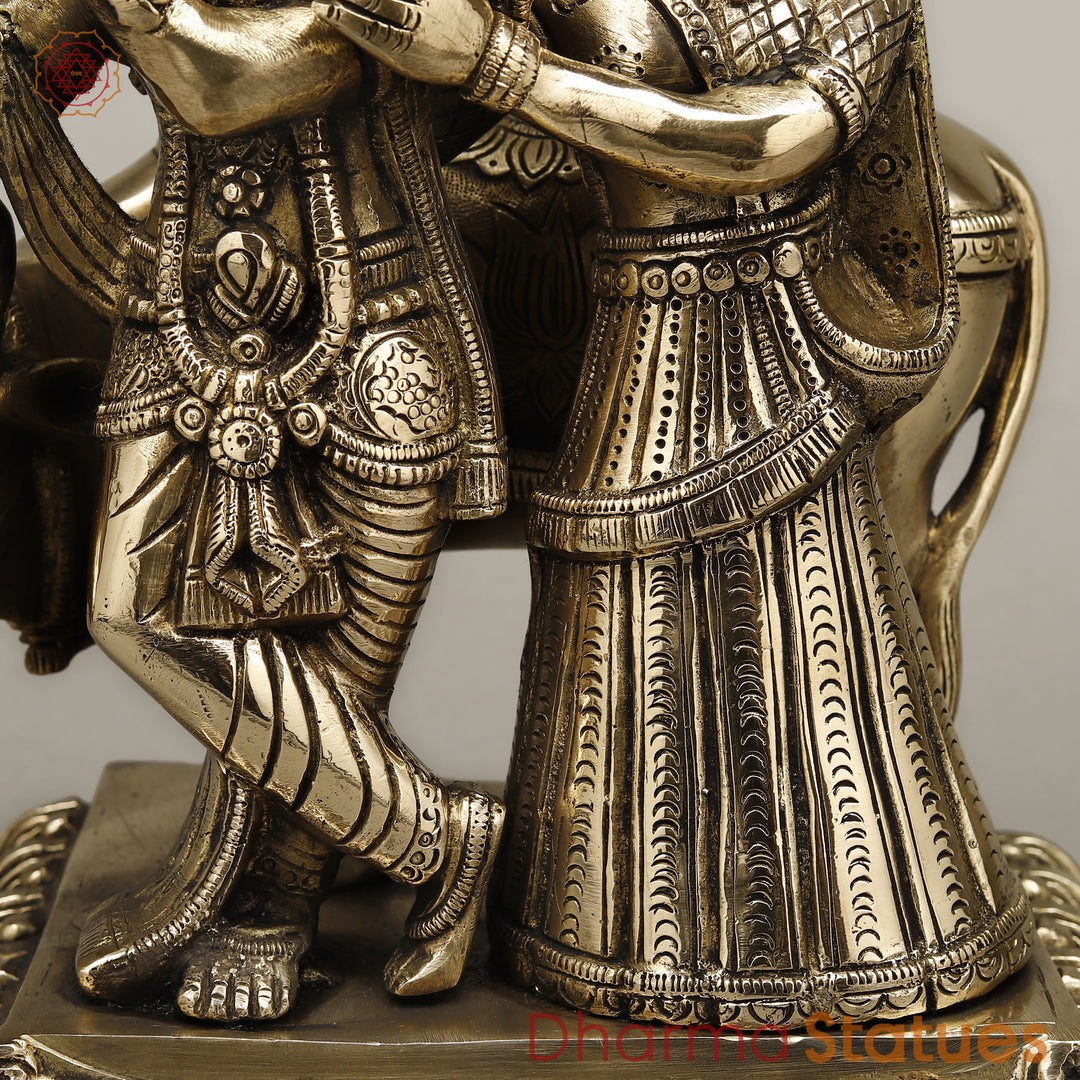 Brass Radha Krishna Playing Flute with Cow, Golden Finish, 12"