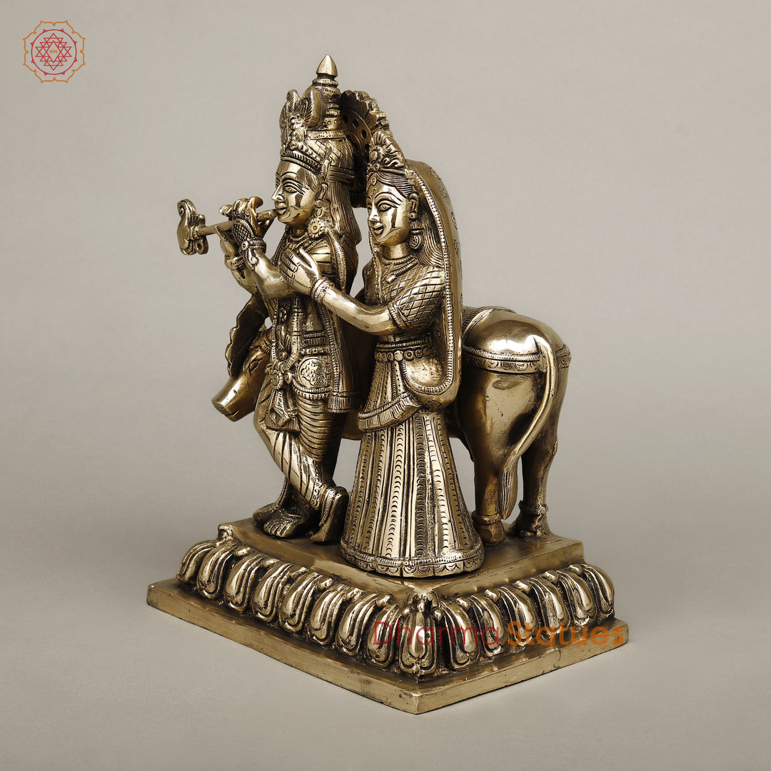 Brass Radha Krishna Playing Flute with Cow, Golden Finish, 12"