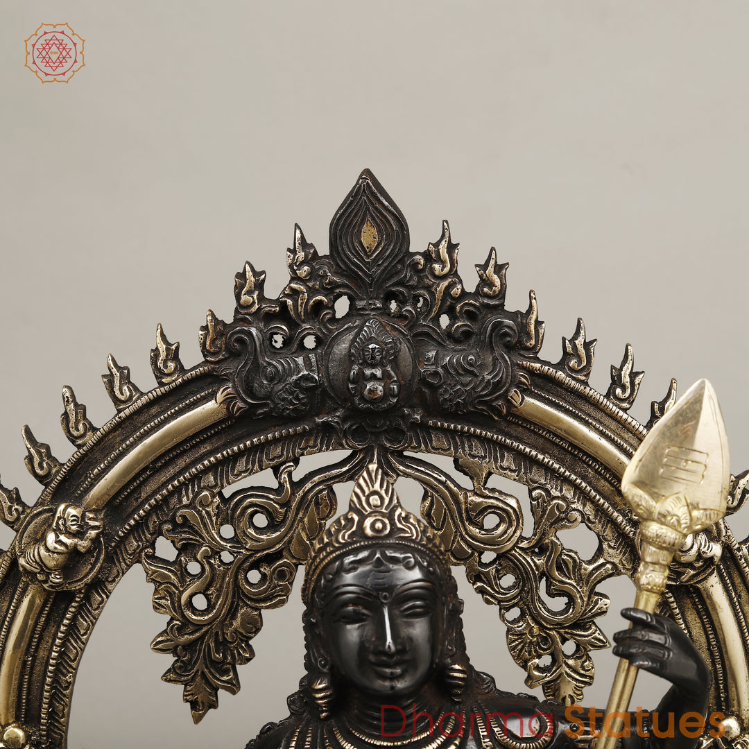 Brass Kartik Standing With Peacock in Prabhavali Frame, Deep Black Finish with Golden Accent 16.5"