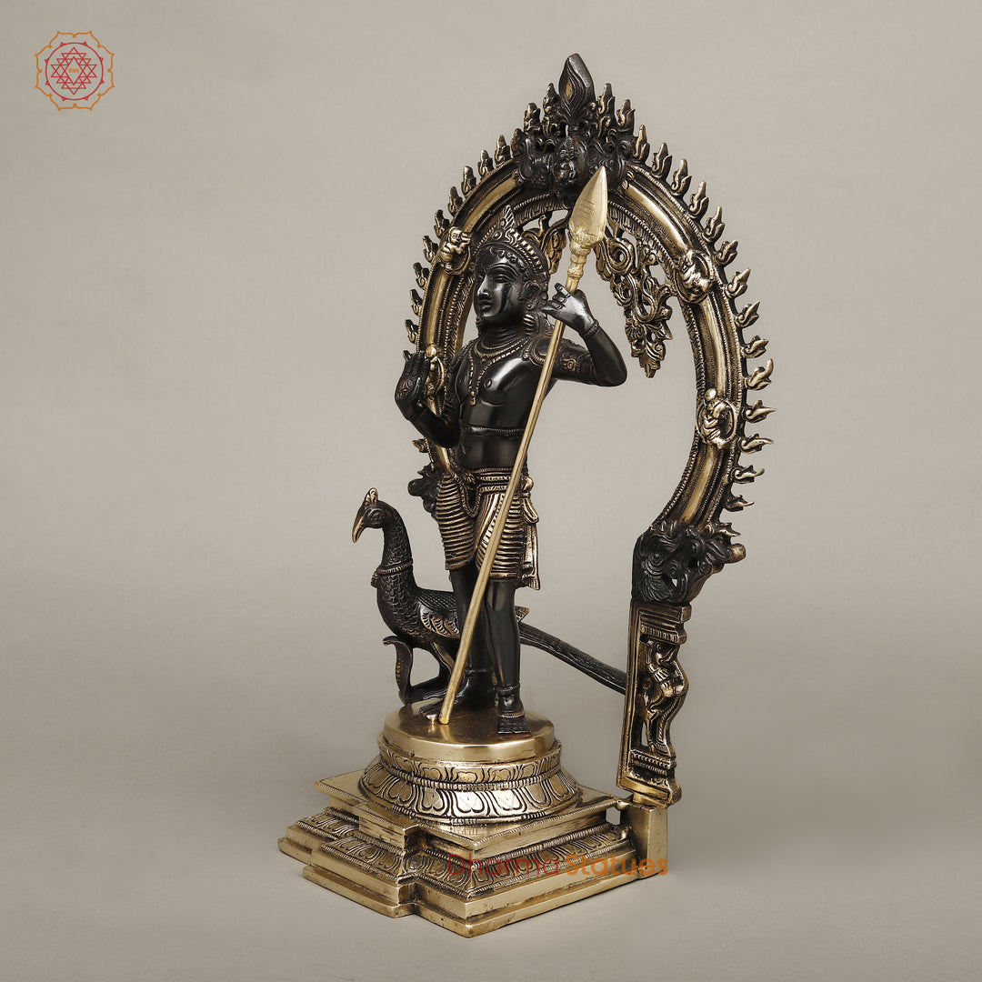 Brass Kartik Standing With Peacock in Prabhavali Frame, Deep Black Finish with Golden Accent 16.5"