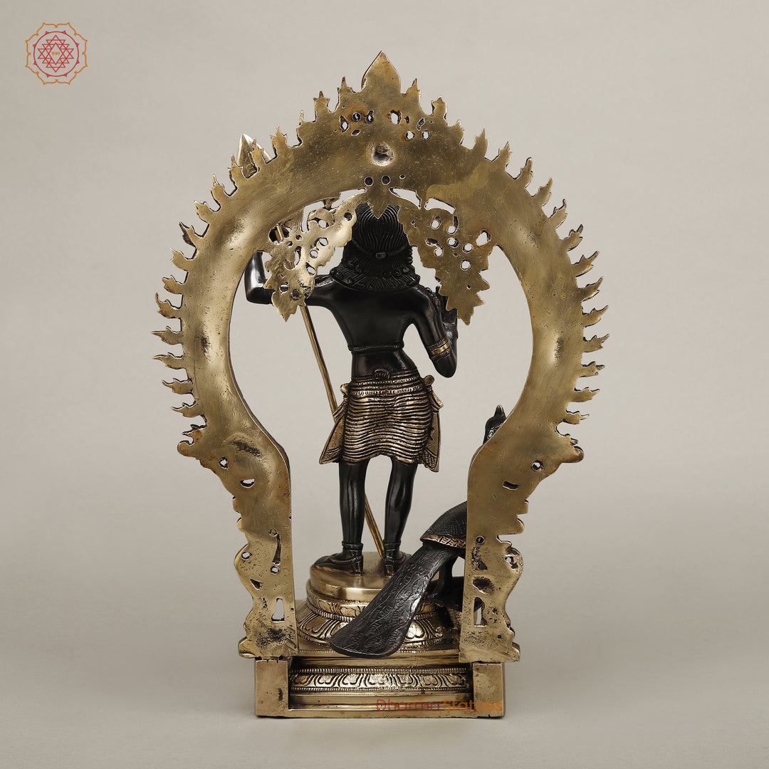 Brass Kartik Standing With Peacock in Prabhavali Frame, Deep Black Finish with Golden Accent 16.5"