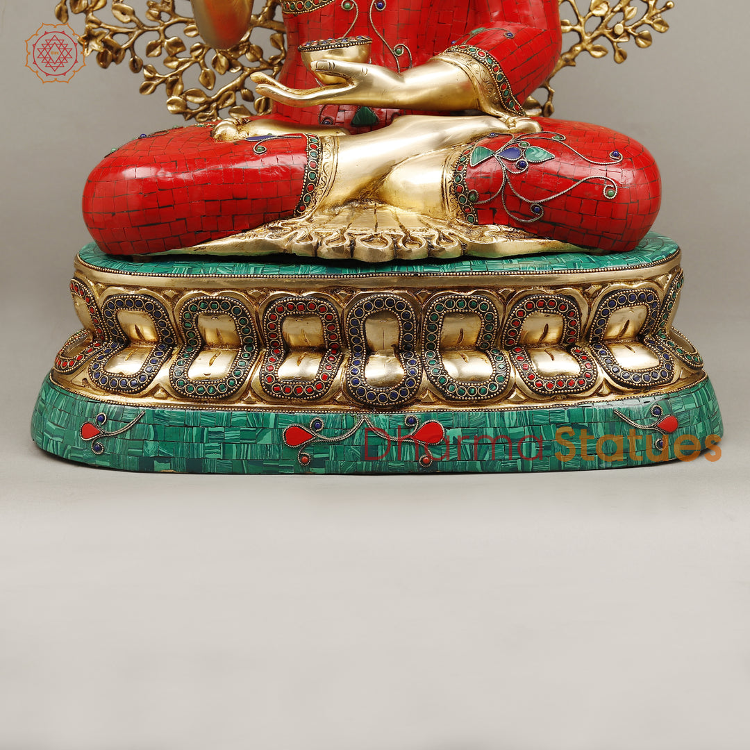 Brass Buddha seating With Tree, Red and Turquoise stone Finish, 29"