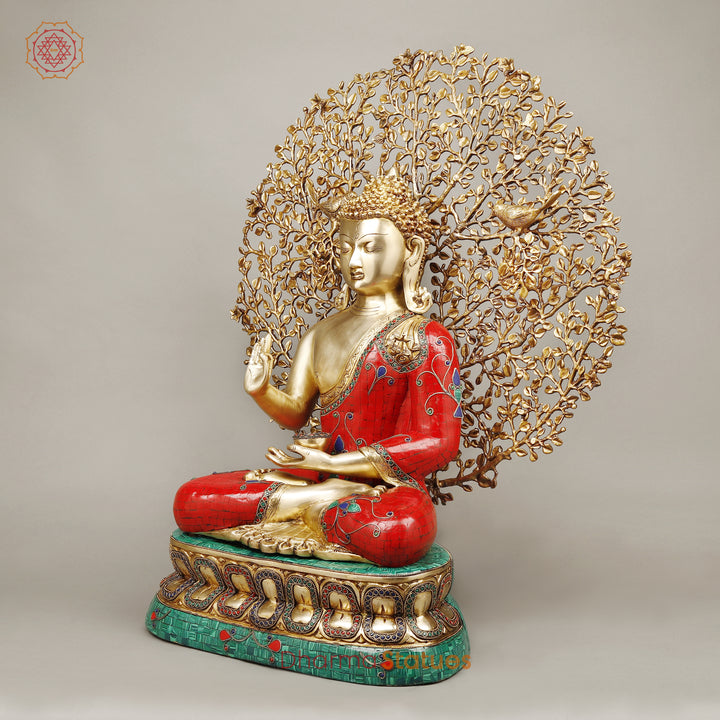 Brass Buddha seating With Tree, Red and Turquoise stone Finish, 29"