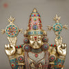 Brass Tirupati Balaji Statue with Padmavathi Engraved, Golden Finish with Stonework, 34.5"