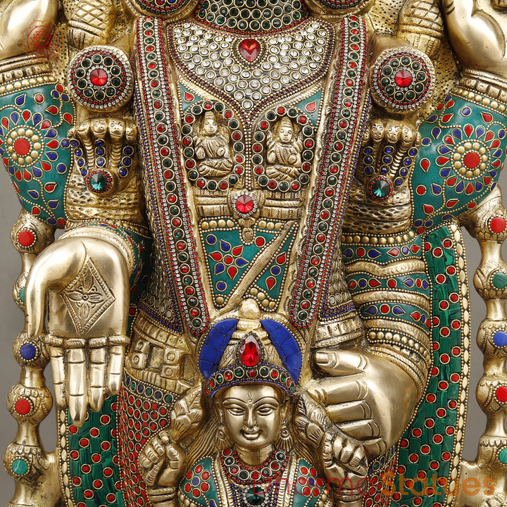 Brass Tirupati Balaji Statue with Padmavathi Engraved, Golden Finish with Stonework, 34.5"