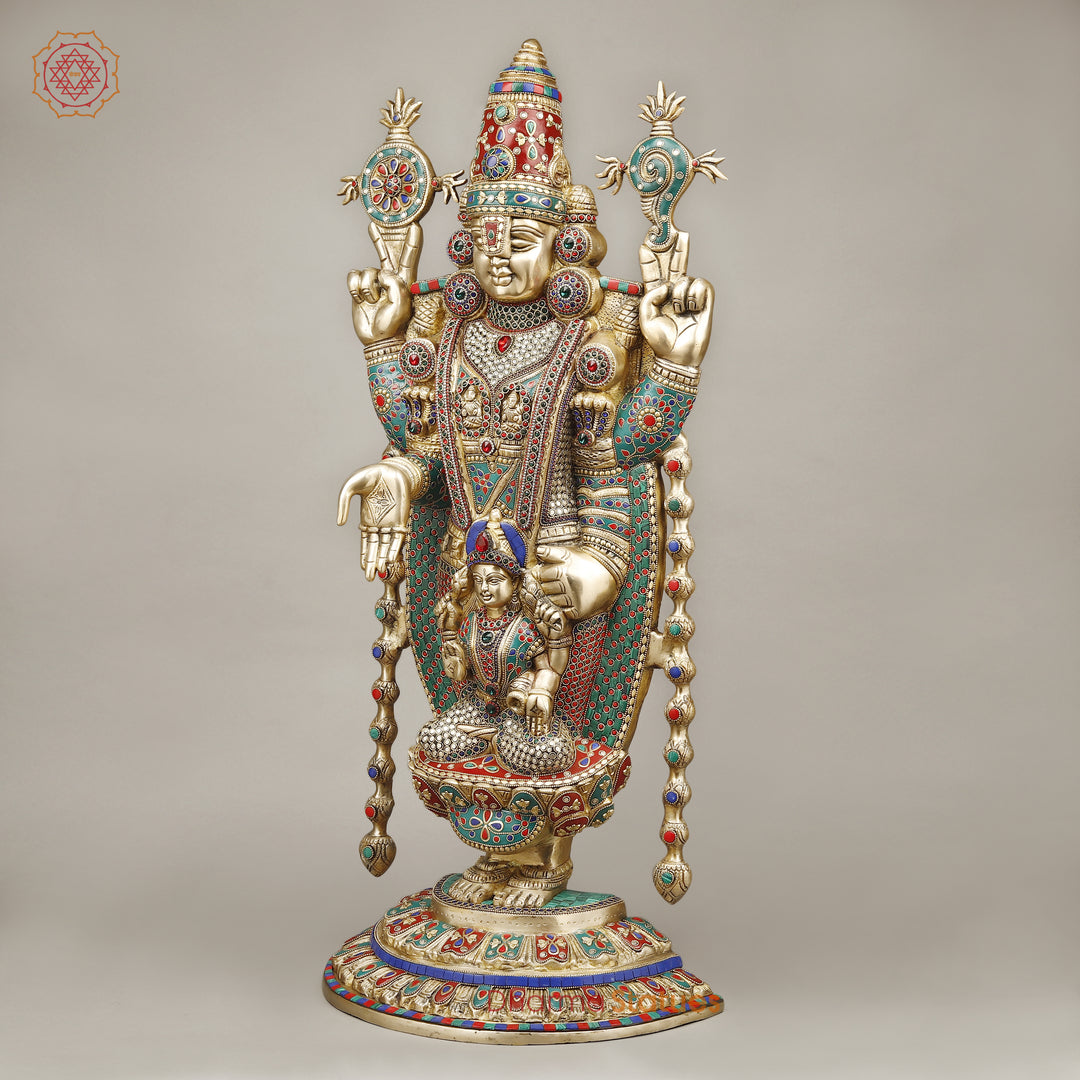 Brass Tirupati Balaji Statue with Padmavathi Engraved, Golden Finish with Stonework, 34.5"