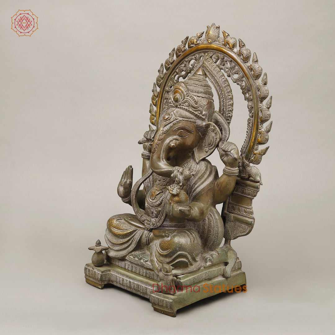 Brass Ganesh Seated With Rat frame, Green Antique Finish, 20"