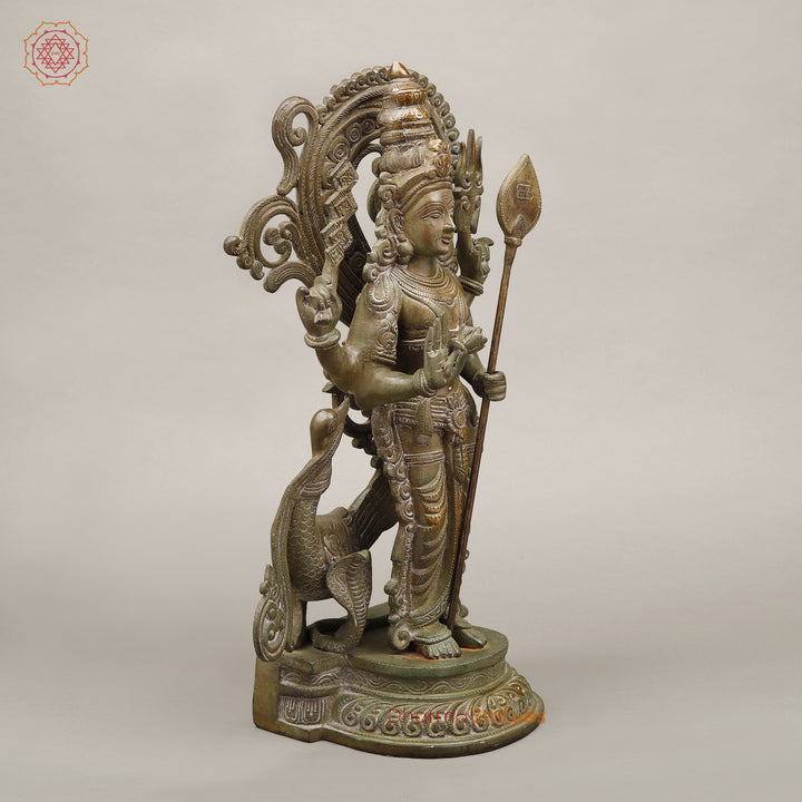 Brass Kartik Standing With Peacock, Antique Green Finish, 16.5"