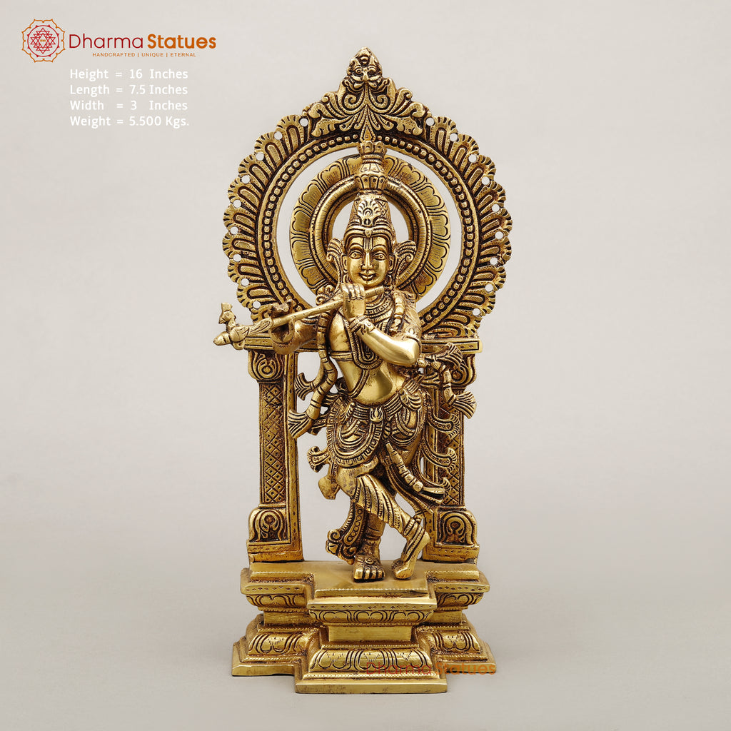 Brass Krishna Standing with Sacred Prabhavali, Fine Golden Finish, 16"