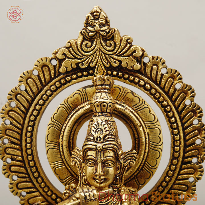 Brass Krishna Standing with Sacred Prabhavali, Fine Golden Finish, 16"