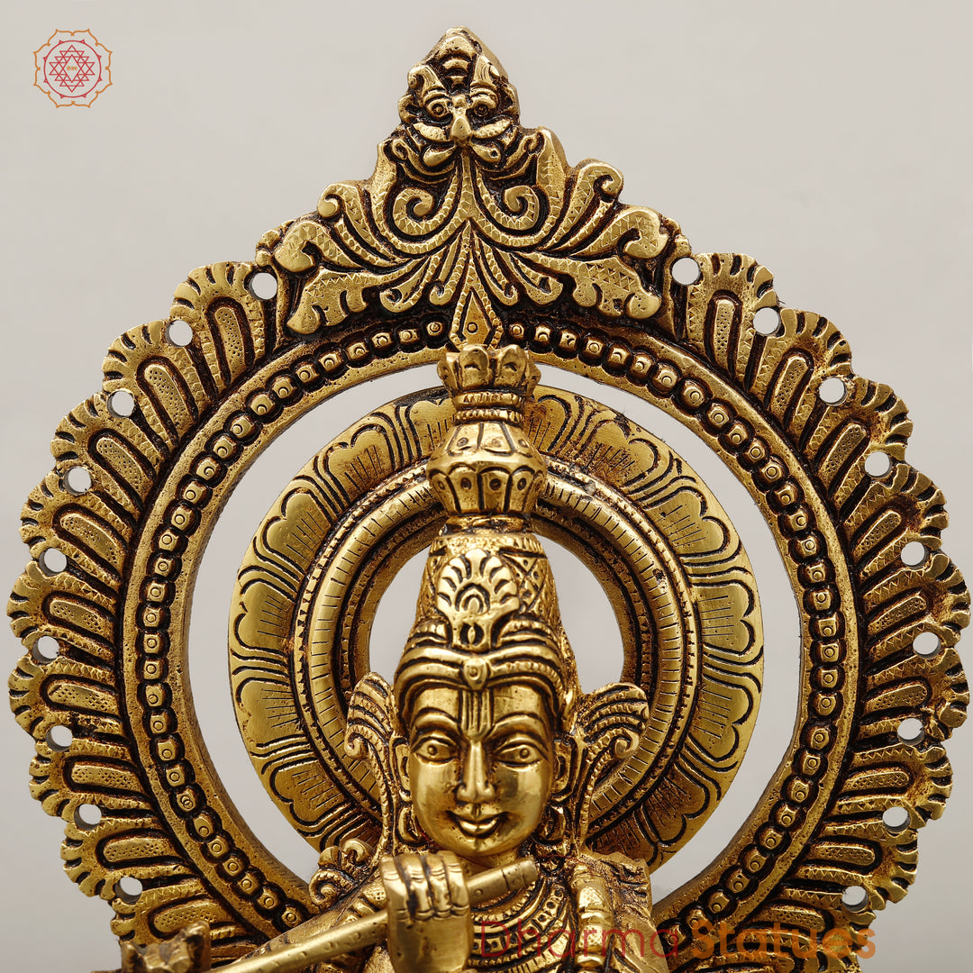 Brass Krishna Standing with Sacred Prabhavali, Fine Golden Finish, 16"