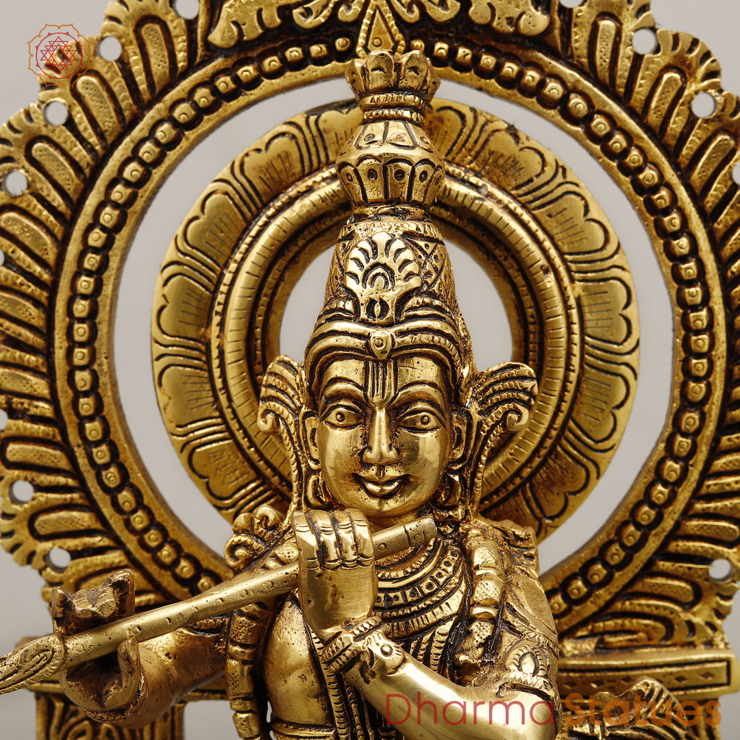 Brass Krishna Standing with Sacred Prabhavali, Fine Golden Finish, 16"