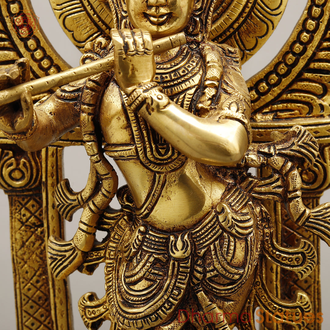 Brass Krishna Standing with Sacred Prabhavali, Fine Golden Finish, 16"