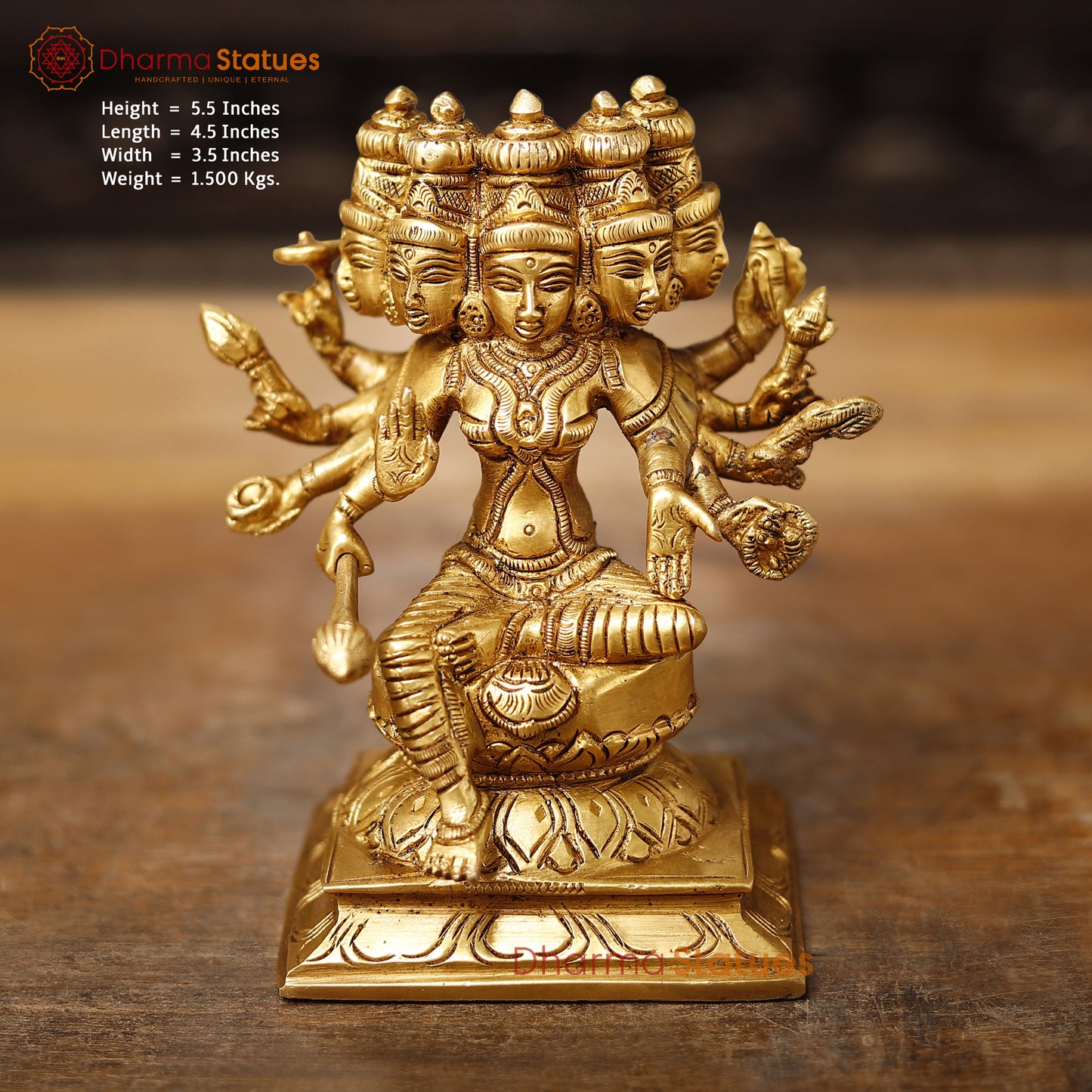 Brass Lakshmi Panchmukhi Statue, Sitting on a Lotus, Fine Golden Finish, 5.5"