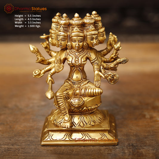 Brass Lakshmi Panchmukhi Statue, Sitting on a Lotus, Fine Golden Finish, 5.5"