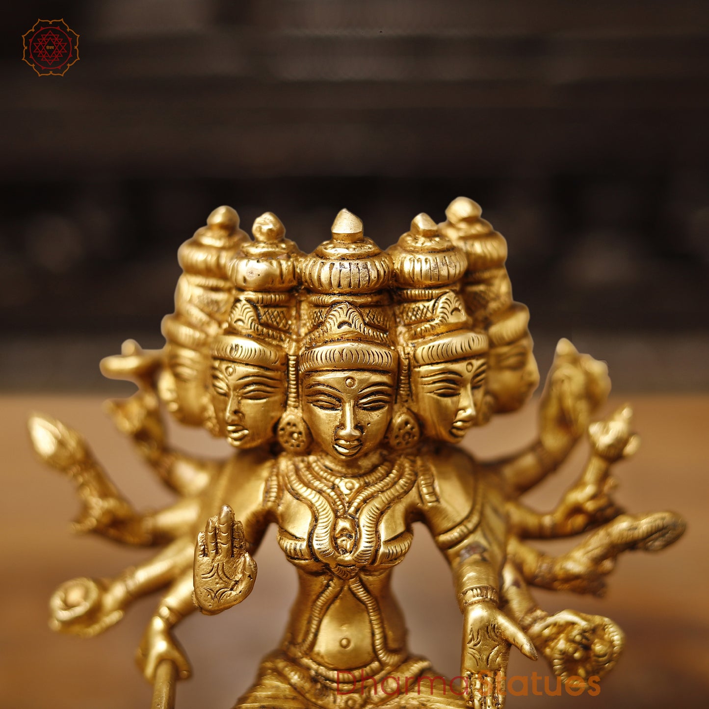 Brass Lakshmi Panchmukhi Statue, Sitting on a Lotus, Fine Golden Finish, 5.5"
