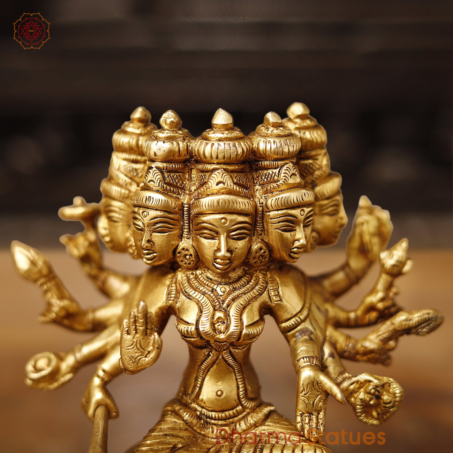 Brass Lakshmi Panchmukhi Statue, Sitting on a Lotus, Fine Golden Finish, 5.5"