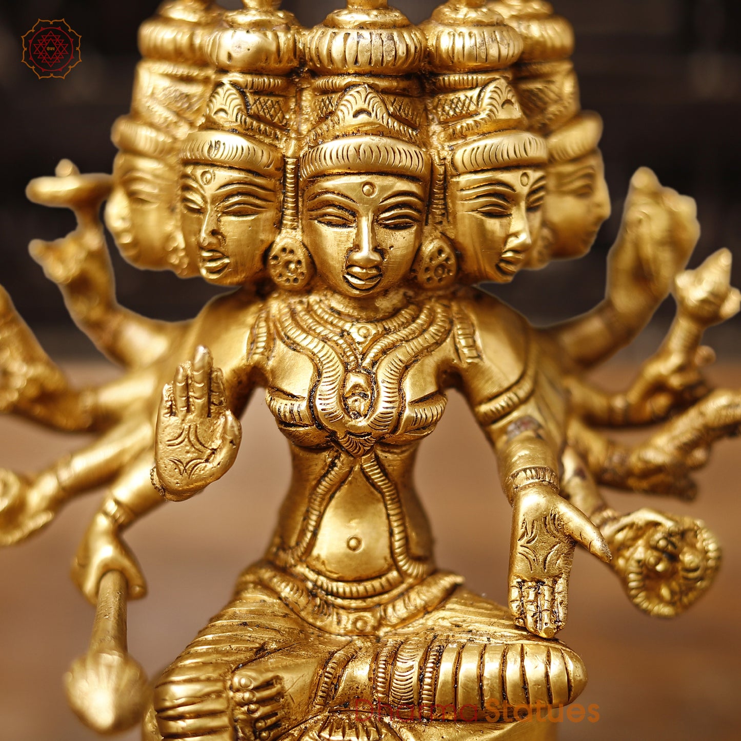 Brass Lakshmi Panchmukhi Statue, Sitting on a Lotus, Fine Golden Finish, 5.5"