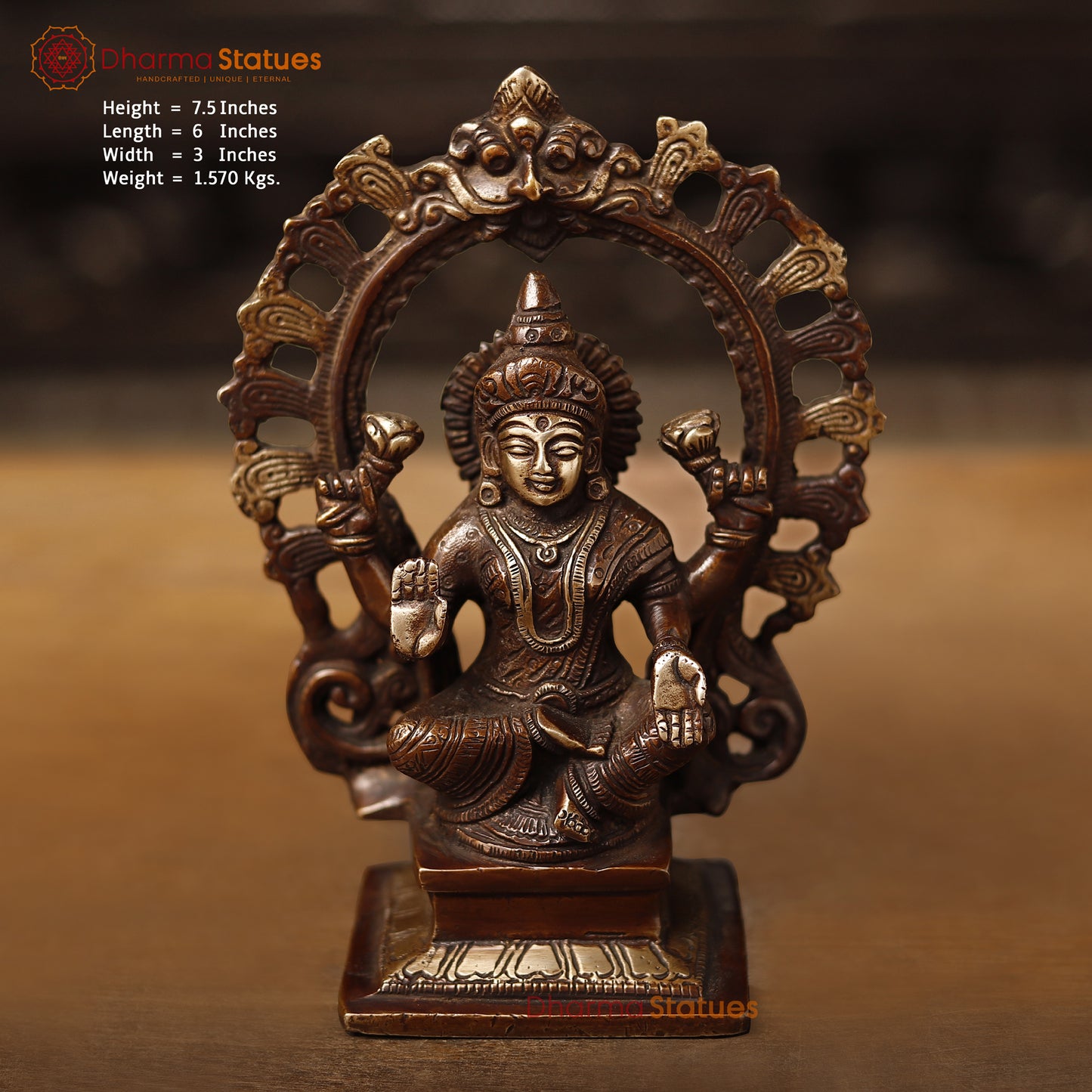 Lakshmi Brass Statue, Goddess Of Fortune, Sitting on a pedestal, Copper and Gold, 7.5"